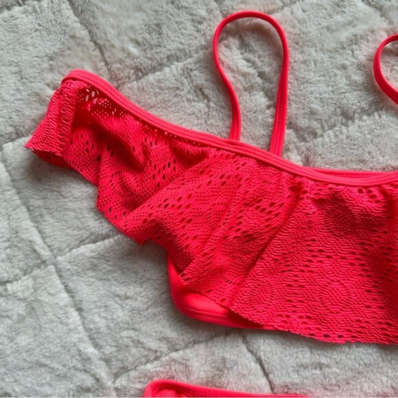 Xhilaration | Neon Coral Lace Ruffle Bikini Swimsuit Set | Size Medium (7/8) - Picture 4 of 8